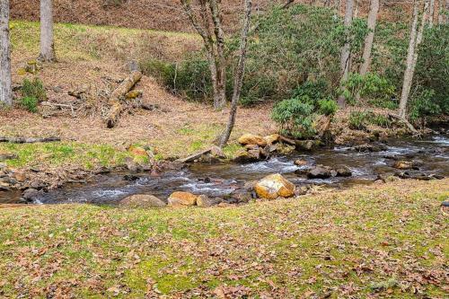 a stream of water with rocks in a field at The Rushing Creek Cabin in Topton