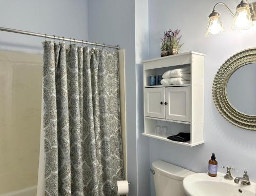 a bathroom with a shower curtain and a sink at 50 Lincoln Short North Bed & Breakfast in Columbus