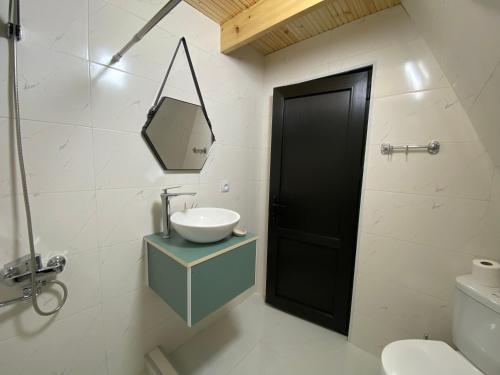 a bathroom with a sink and a mirror at Cozy Cottage Martvili in Martvili