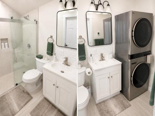 two pictures of a bathroom with a sink and a toilet at Modern Private Studio - Separate Entry in Edgewood