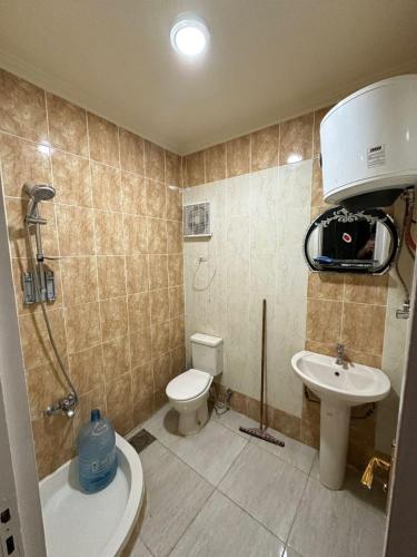 a bathroom with a shower and a toilet and a sink at لاسرينا عيون موسي in Az Zaytīyah