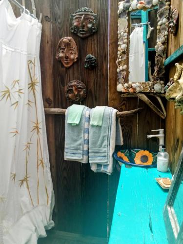 a bathroom with a towel rack and a mirror at Kismet Inn Semi Private in Hopkins