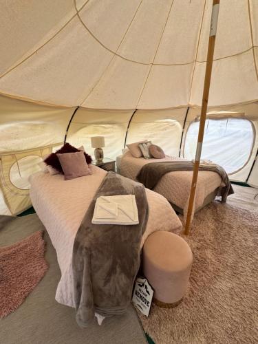 a bedroom with two beds and an umbrella at Bukirk Glamping & Luxury Cabins - Clare Valley in Clare