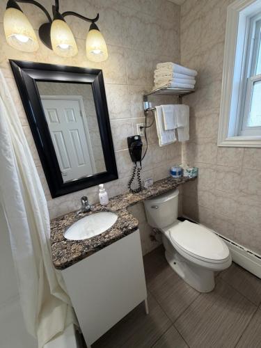 a bathroom with a toilet and a sink and a mirror at Perth Plaza Inn & Suites in Perth