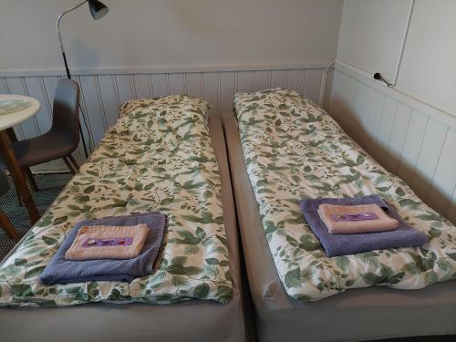 two beds sitting next to each other with towels on them at Levistar studio with sauna in Levi