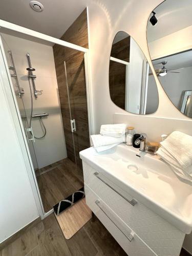 a bathroom with a white sink and a mirror at Vent d'ouest in Messanges