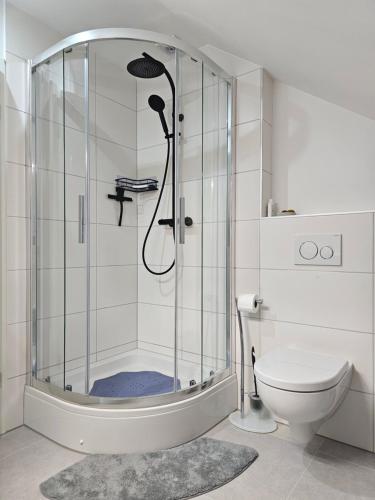 a bathroom with a shower and a toilet at Aluston in Hannover