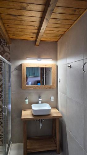 a bathroom with a sink and a mirror at Stone Loft Suite in Karpenisi
