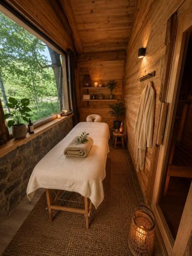 a room with a bed and a window in a cabin at Zacisze pod Śnieżką in Mysłakowice