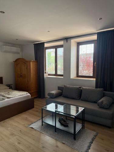 a living room with a couch and a coffee table at Apartment Dubnica Prejta in Dubnica nad Váhom