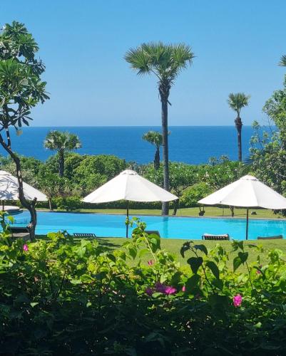 a pool with umbrellas and the ocean in the background at Palm Springs Bali Dive Resort in Tulamben