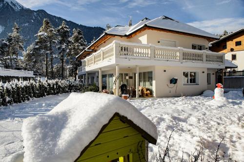 a house in the snow with a roof at Villa Ambach in Oetz