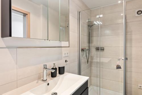 a bathroom with a sink and a shower at Fewo Drei Gleichen Nr 2 in Wandersleben