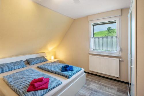 a bedroom with two beds with red and blue pillows at Ferienhaus Maag, 102qm in Attendorn