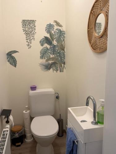 a bathroom with a toilet and a sink and a mirror at Blue Cottage Bruxelles Sud in Wavre