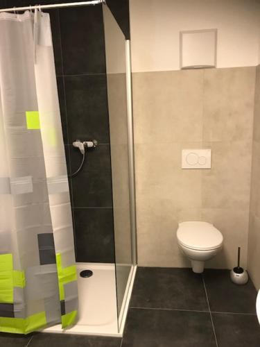 a bathroom with a toilet and a glass shower at H4 Erdgeschoss in Nellingen