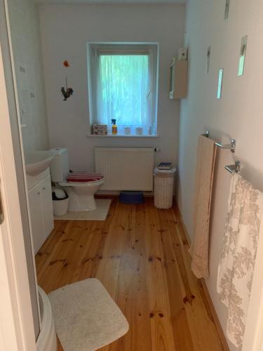 a bathroom with a toilet and a window and wooden floors at Artystycznie nad Bugiem 1 in Gnojno