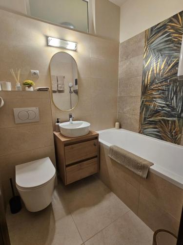 a bathroom with a sink toilet and a mirror at Borisz Apartman in Makó