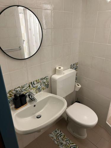 a bathroom with a toilet and a sink and a mirror at Lodge Valchiavenna in Verceia