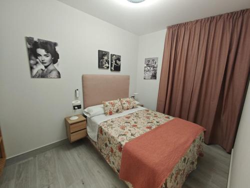 a bedroom with a bed and a window with pictures at AniCa III De Cine in Tomelloso