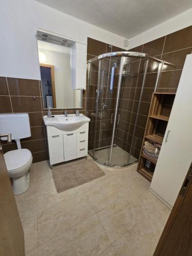 a bathroom with a shower and a toilet and a sink at Villa Aura in Milna
