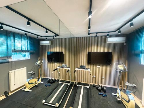 a gym with several exercise machines and a flat screen tv at Whitealcyone Fit & Zen Apartment in Artemida