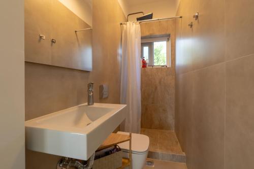 a bathroom with a sink and a shower at Green Galini Villa Pelion - the small unit in Platanidia