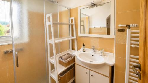 a bathroom with a sink and a mirror and a shower at Domček u Kubáňov in Bešeňová