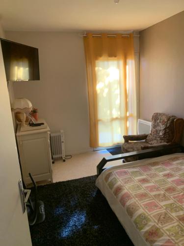 a bedroom with a bed and a chair and a window at Ma maison in Bonneuil-Matours