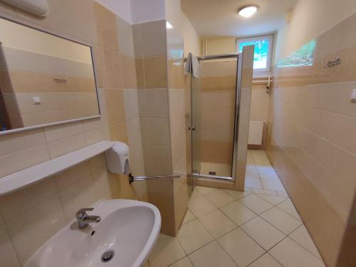a bathroom with a shower and a sink at Leveleki Eszter Üdülő in Bánk