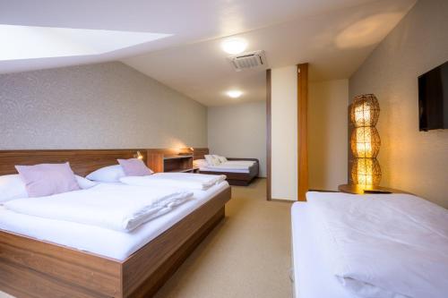 a hotel room with two beds and a television at Apartmán Bílá Hora - Plzeň in Pilsen