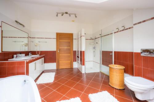 a bathroom with a toilet and a sink at Apartmán Bílá Hora - Plzeň in Pilsen
