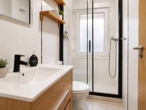 a bathroom with a toilet and a sink and a shower at Apartamento de 2 dormitorios en el centro de Burgos junto a la Catedral in Burgos