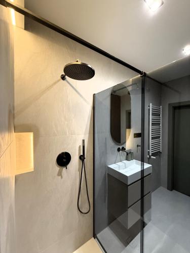 a bathroom with a shower with a sink and a mirror at Kresowy View Apartment in Biłgoraj