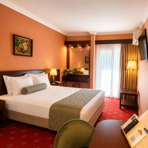 a hotel room with a large bed and a desk at Hotel Pella in Giannitsa