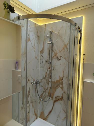 a shower with a glass door in a bathroom at FeWo bei Tati - Bungalow in Singen