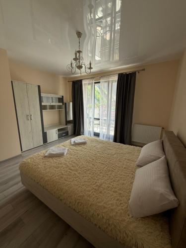 a bedroom with a large bed with a chandelier at ''Панорама Карпат'' Апартаменти в чудовому місті Яремче in Yaremche