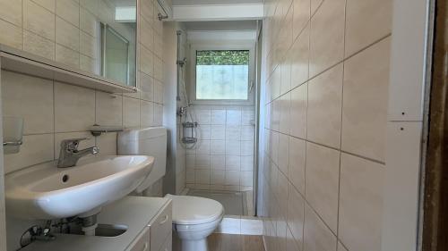 a white bathroom with a sink and a toilet at Casa Ines in Brezzo