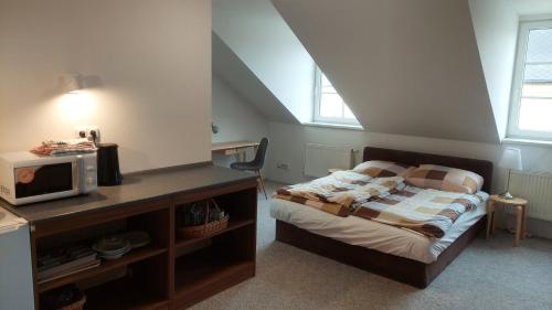 a bedroom with a bed and a desk with a microwave at Penzion TGM in Příbram