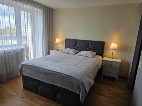 a bedroom with a large bed and two lamps on tables at Külaliskorter Aardla tn 120 in Tartu