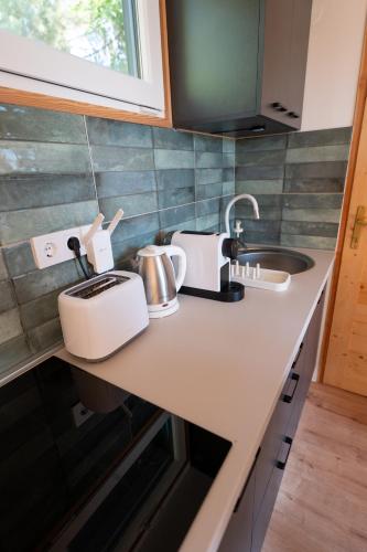 a kitchen counter with a sink and a toaster at Tisza-tavi Kiserdő Lodge in Tiszaderzs