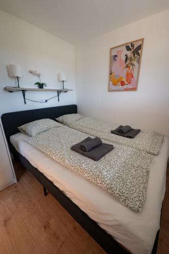 a bed with two black towels on top of it at Tisza-tavi Kiserdő Lodge in Tiszaderzs