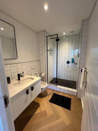 a bathroom with a sink and a shower at Silhouette Suite at Nine Palms in Cape Town