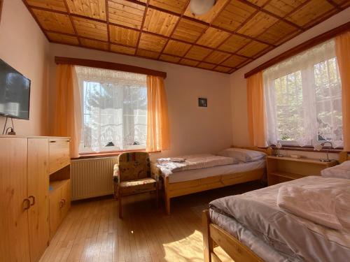 a bedroom with two beds and a wooden ceiling at Penzion Mühl in Bedřichov