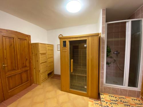 a bathroom with a walk in shower and a glass door at Penzion Mühl in Bedřichov