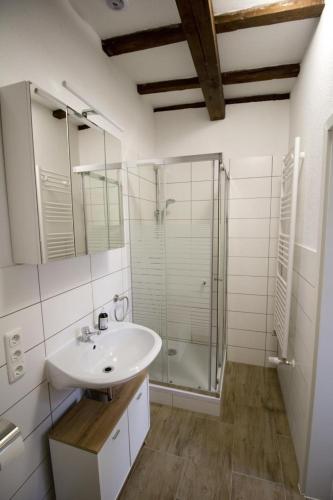 a bathroom with a sink and a glass shower at NEU! Wohnung Balkenzimmer in Alsfeld