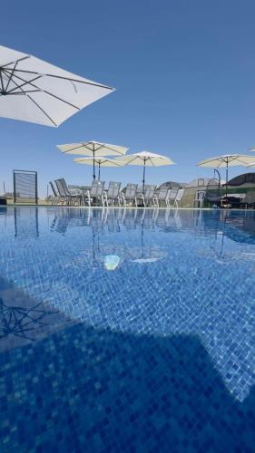 a swimming pool with chairs and umbrellas in the water at צימרים שדות אור in Maʼor