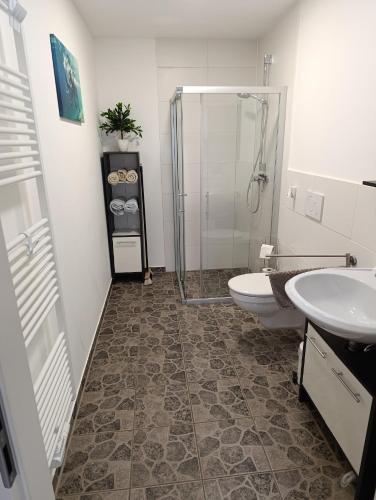 a bathroom with a shower and a toilet and a sink at Pferdepension Jäger in Markranstädt