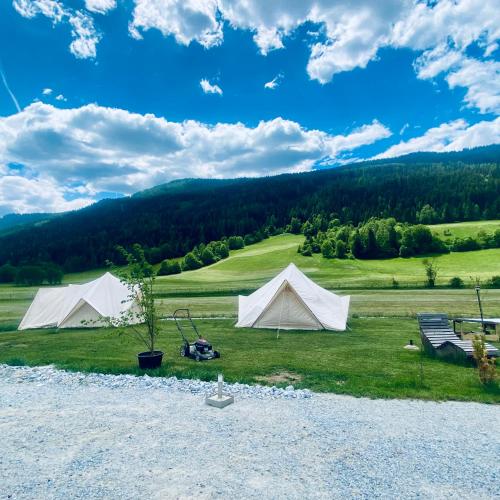 two white tents on a grassy field with trees at Wiesn Relax Camping Steiner in Ranten