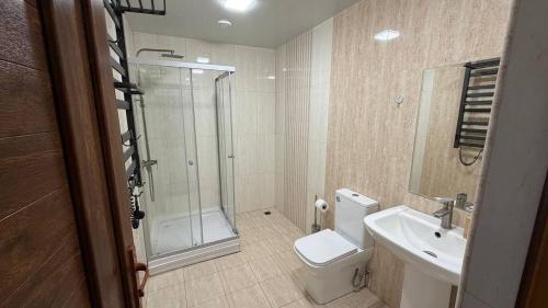 a bathroom with a shower and a toilet and a sink at Relocation Dili House in Dilijan